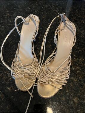 Gucci Braided Lace-Up Metallic Gold Heels